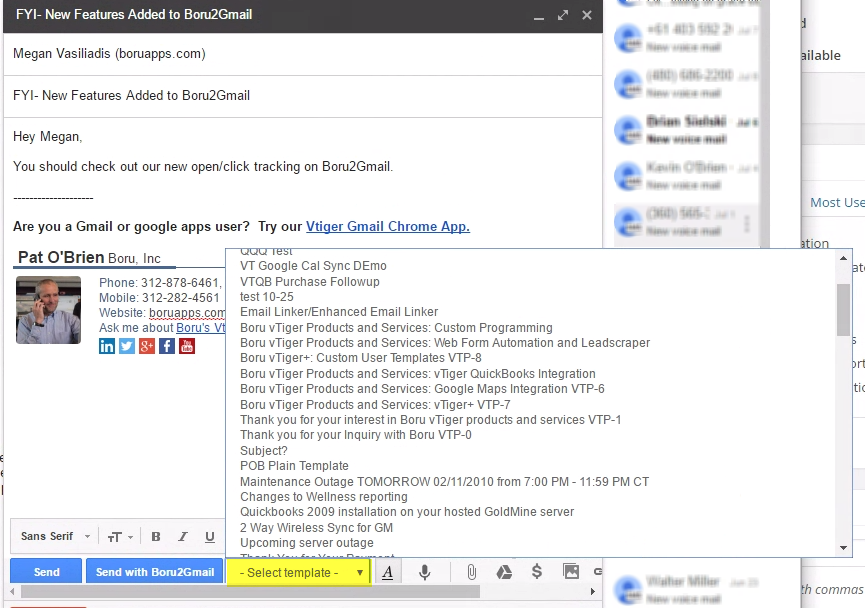 Boru2Gmail built in Vtiger templates