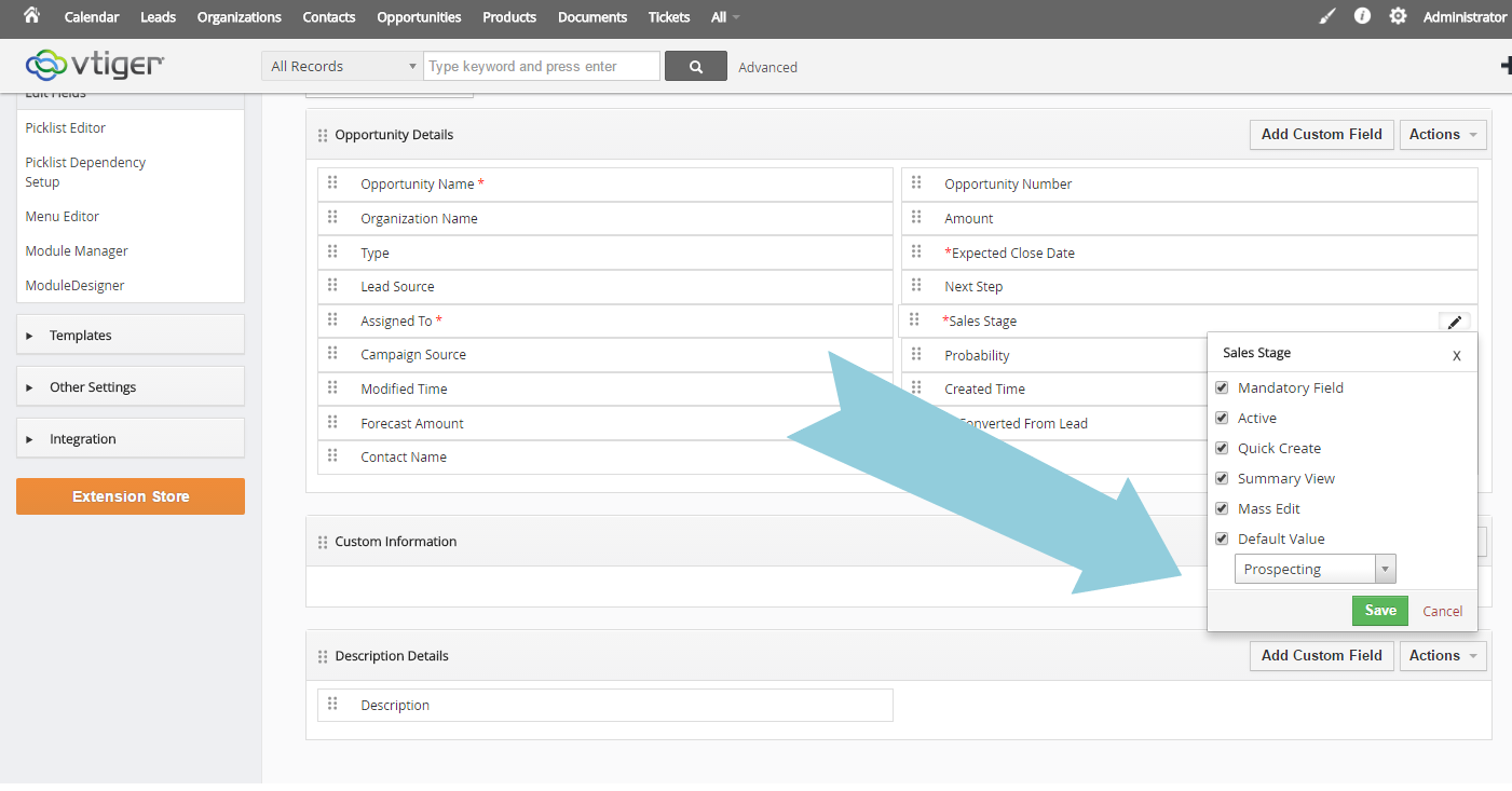 Setting Vtiger Default Field Values