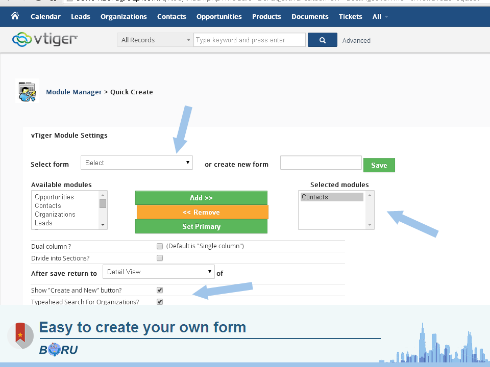 Vtiger Quick Create Forms Module - Boru Inc.